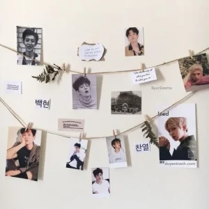 In ảnh Polaroid từ điện thoại — nhiều tấm ảnh Polaroid treo kẹp gỗ