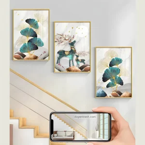 Bộ 3 tranh hươu tài lộc treo cầu thang mẫu mới