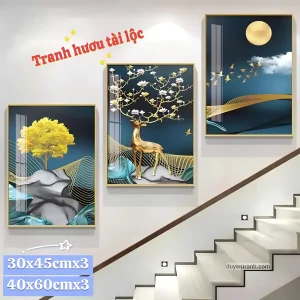 Bộ 3 tranh hươu tài lộc treo cầu thang mua nhiều