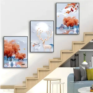Bộ 3 tranh hươu tài lộc treo cầu thang