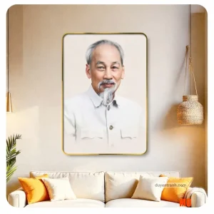 Tranh Bác Hồ tráng gương chân dung mẫu 1 bo viền composite