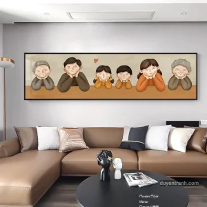 Tranh tráng gương gia đình chibi mẫu ông bà 1 bé trai 1 bé gái