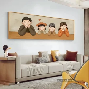 Tranh tráng gương gia đình chibi sang trọng treo phòng khách