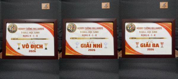 Bộ 3 khung ảnh A4 phần thưởng giải bida - hạng Vô địch, Giải Nhì, Giải Ba