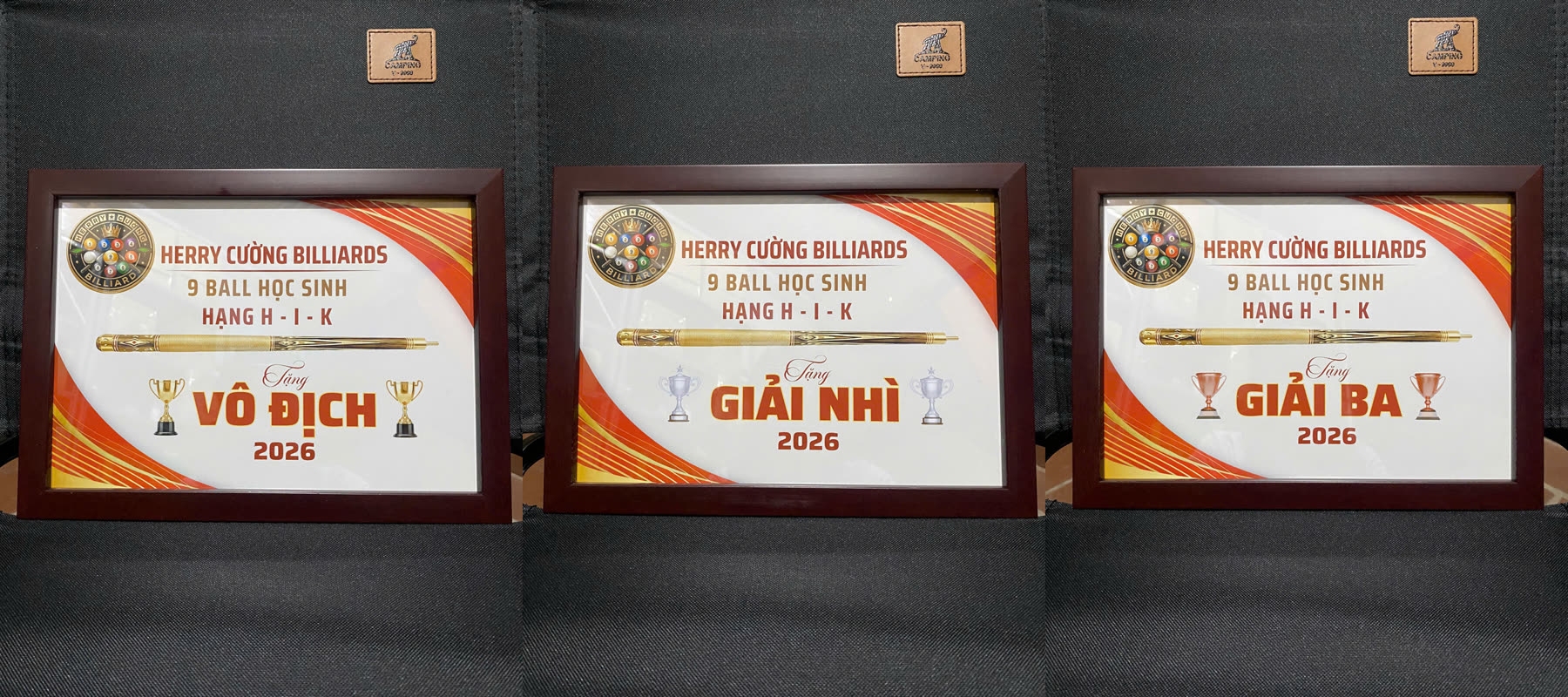 Bộ 3 khung ảnh A4 phần thưởng giải bida - hạng Vô địch, Giải Nhì, Giải Ba