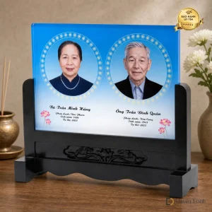 Ảnh thờ pha lê song thân khung gỗ chạm