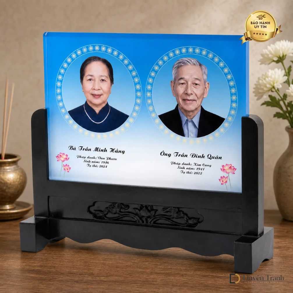 Ảnh thờ pha lê song thân khung gỗ chạm