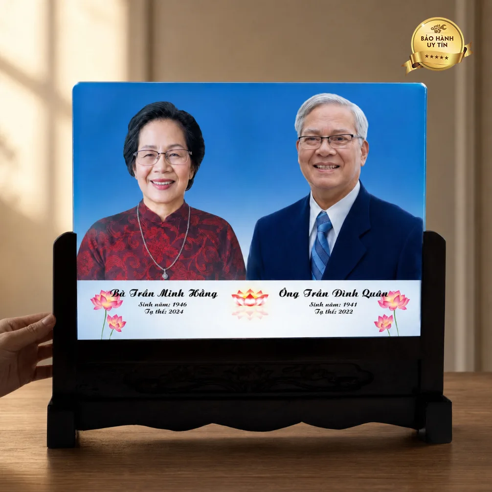 Ảnh thờ pha lê song thân khung gỗ chạm - mẫu 2