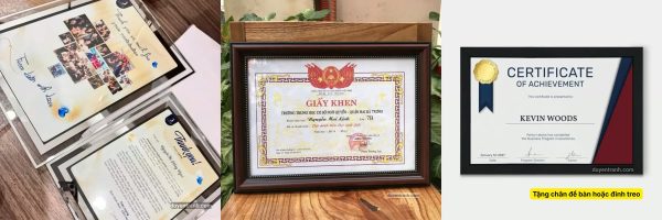 Khung pha lê viền bạc, khung giấy khen A4 vân gỗ và A5 tại xưởng Duyên Tranh