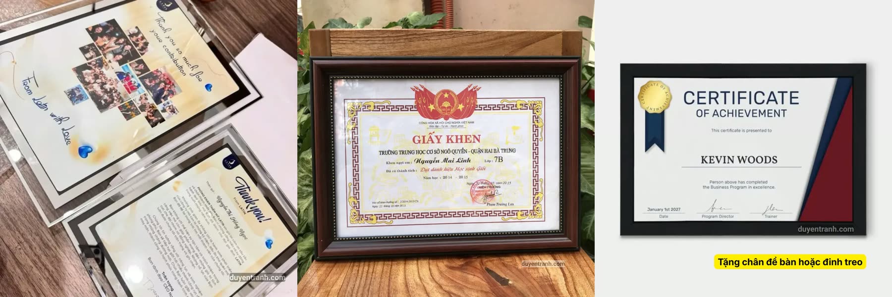 Khung pha lê viền bạc, khung giấy khen A4 vân gỗ và A5 tại xưởng Duyên Tranh