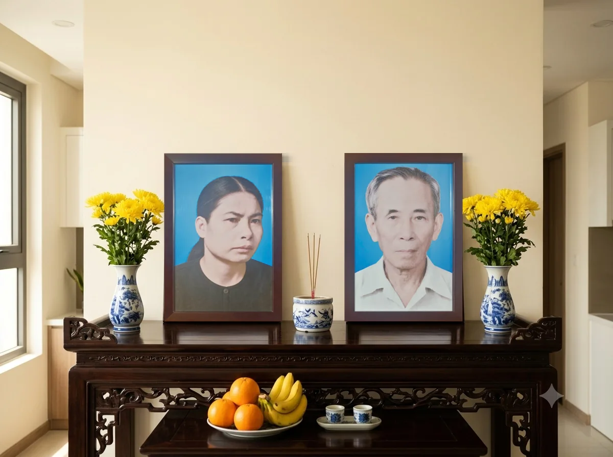 Hai ảnh thờ đã phục chế, lắp khung nâu, đặt trên bàn thờ gia tiên