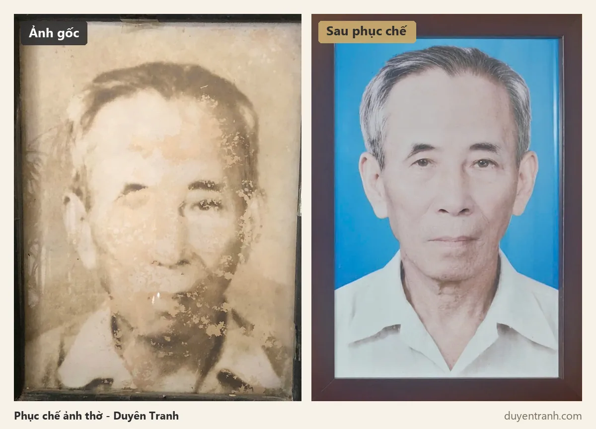 Ảnh thờ cụ ông bị bong tróc thuốc ảnh, trước và sau khi phục chế
